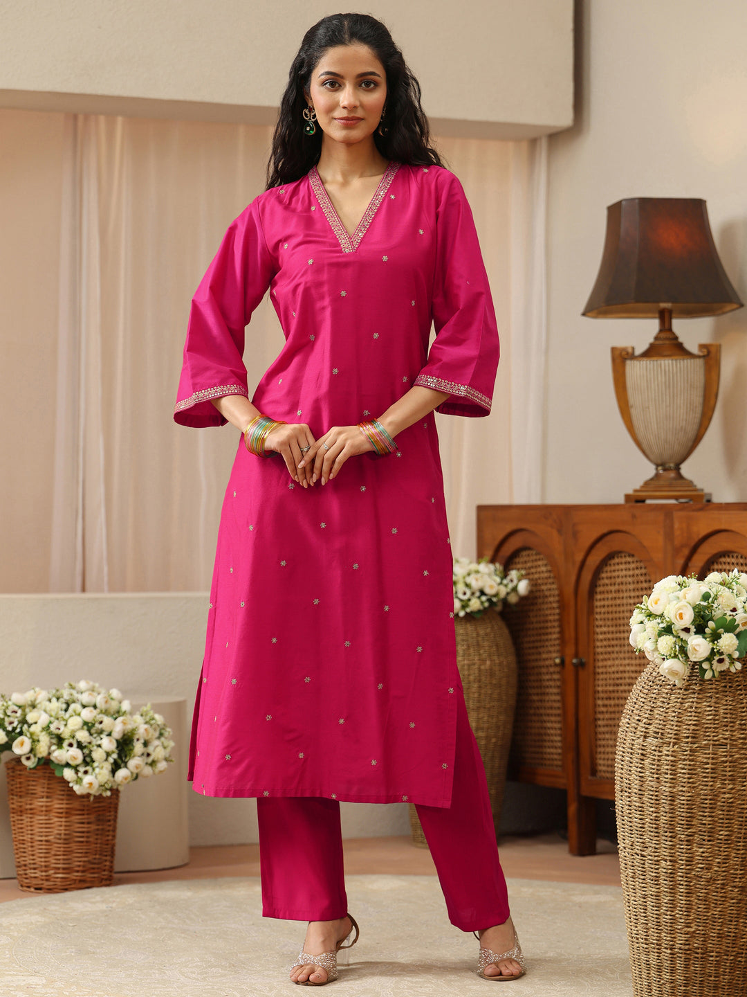 Fuchsia Pink Embroidered Silk Blend Straight Kurta