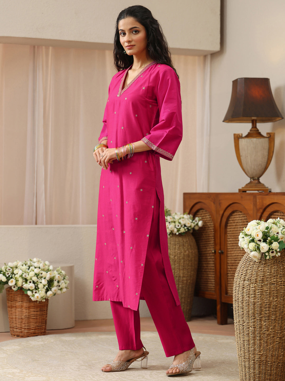 Fuchsia Pink Embroidered Silk Blend Straight Kurta