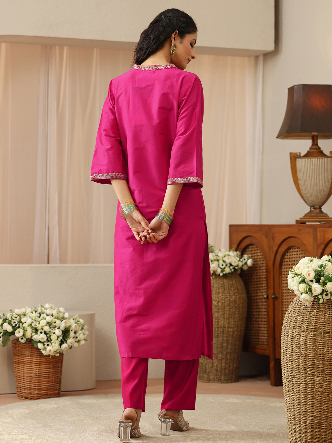 Fuchsia Pink Embroidered Silk Blend Straight Kurta