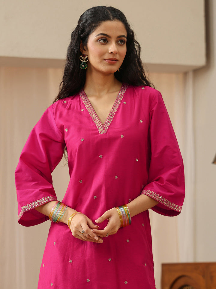 Fuchsia Pink Embroidered Silk Blend Straight Kurta