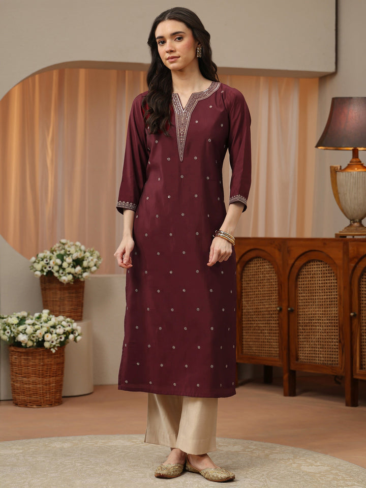 Mahogany Red Embroidered Silk Blend Straight Kurta