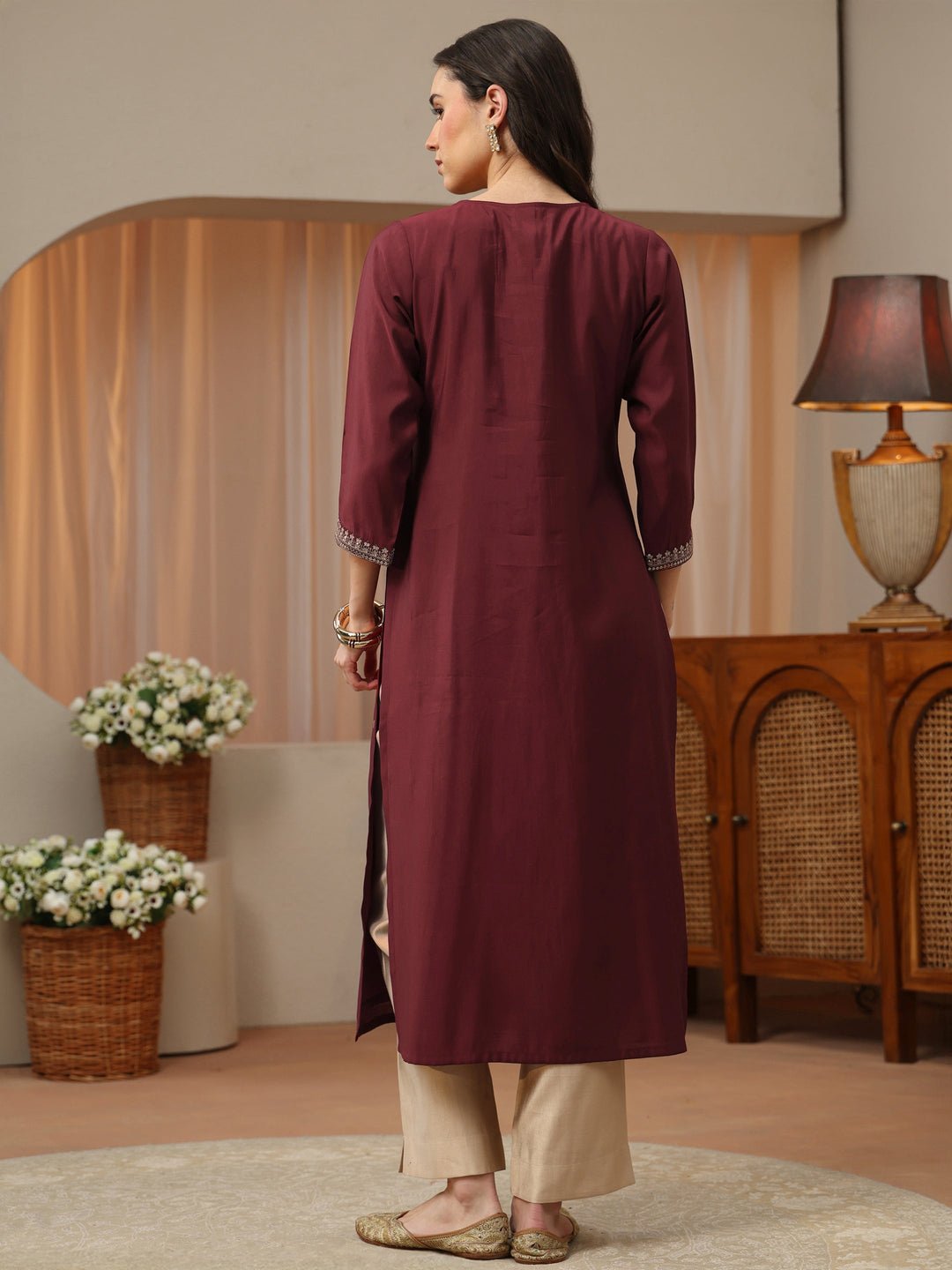 Mahogany Red Embroidered Silk Blend Straight Kurta