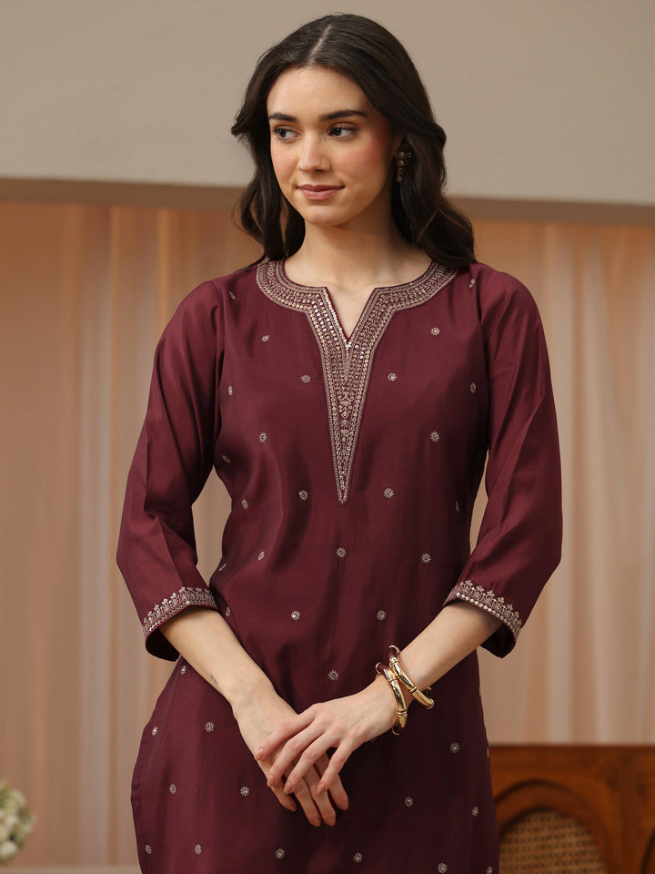 Mahogany Red Embroidered Silk Blend Straight Kurta