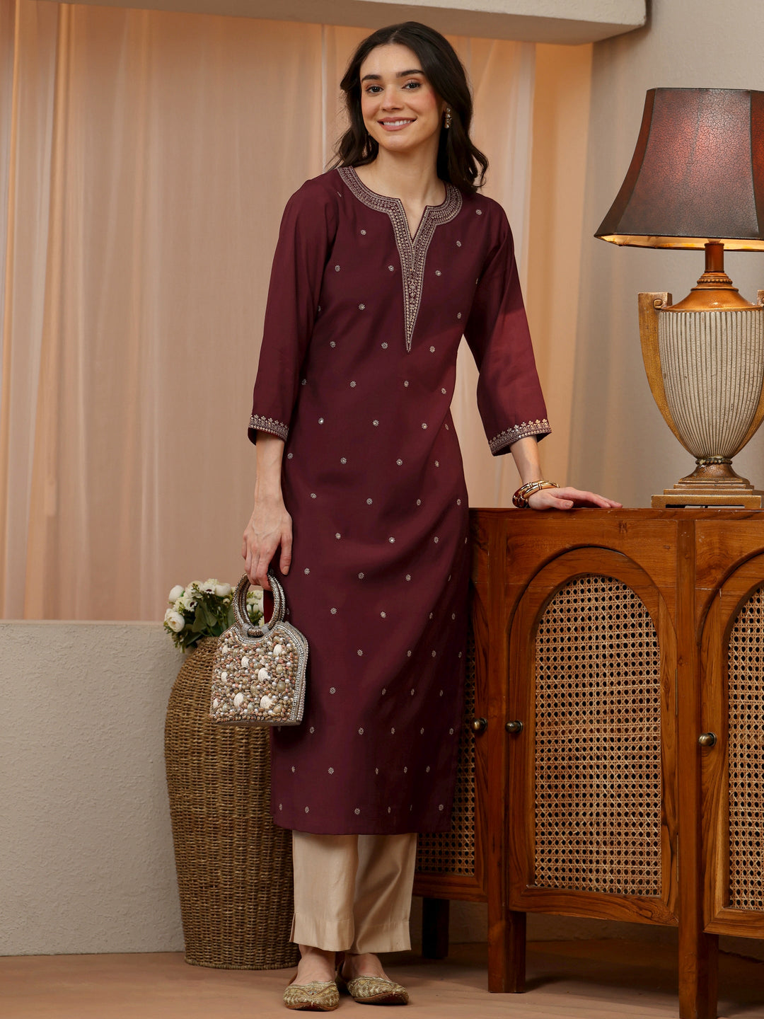 Mahogany Red Embroidered Silk Blend Straight Kurta