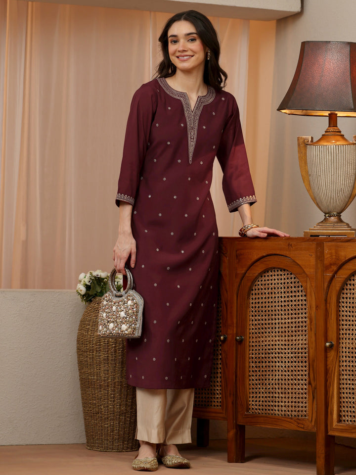 Mahogany Red Embroidered Silk Blend Straight Kurta