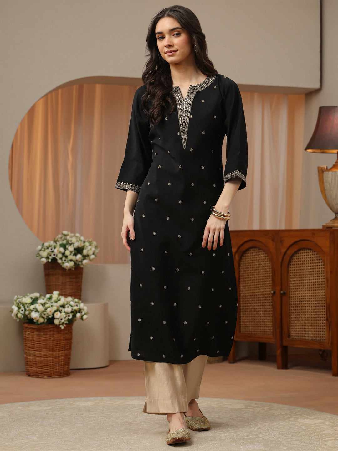 Black Embroidered Silk Blend Straight Kurta