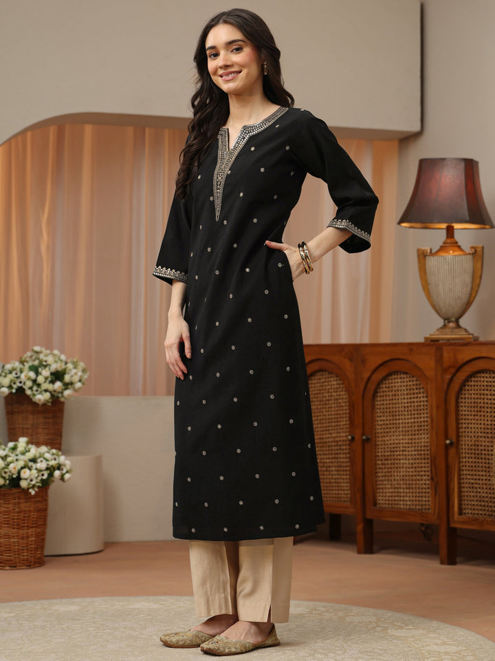 Black Embroidered Silk Blend Straight Kurta