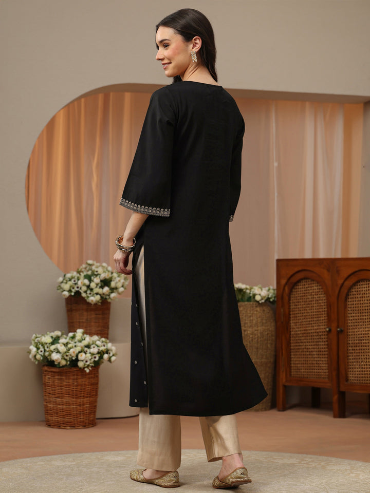 Black Embroidered Silk Blend Straight Kurta