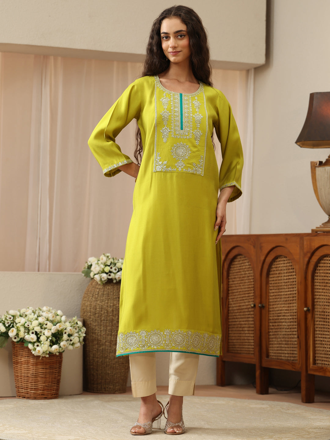 Lime Green Silk Blend Straight Kurta with Embellished Yoke