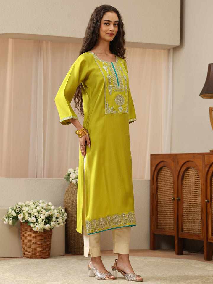 Lime Green Silk Blend Straight Kurta with Embellished Yoke