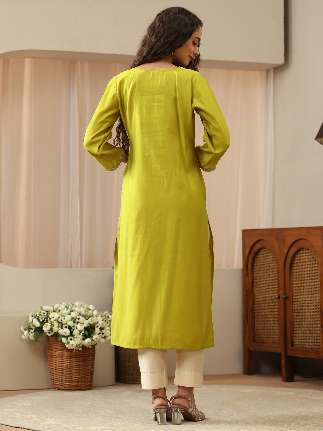 Lime Green Silk Blend Straight Kurta with Embellished Yoke
