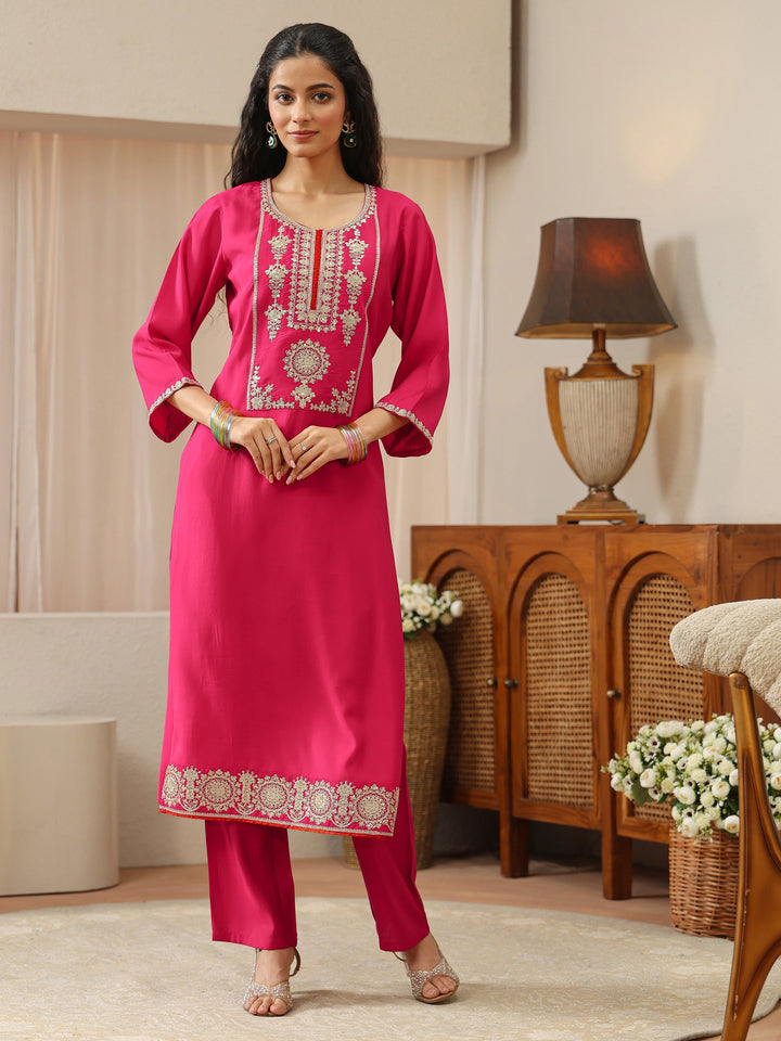 Fuchsia Pink Silk Blend Straight Kurta with Embellished Yoke