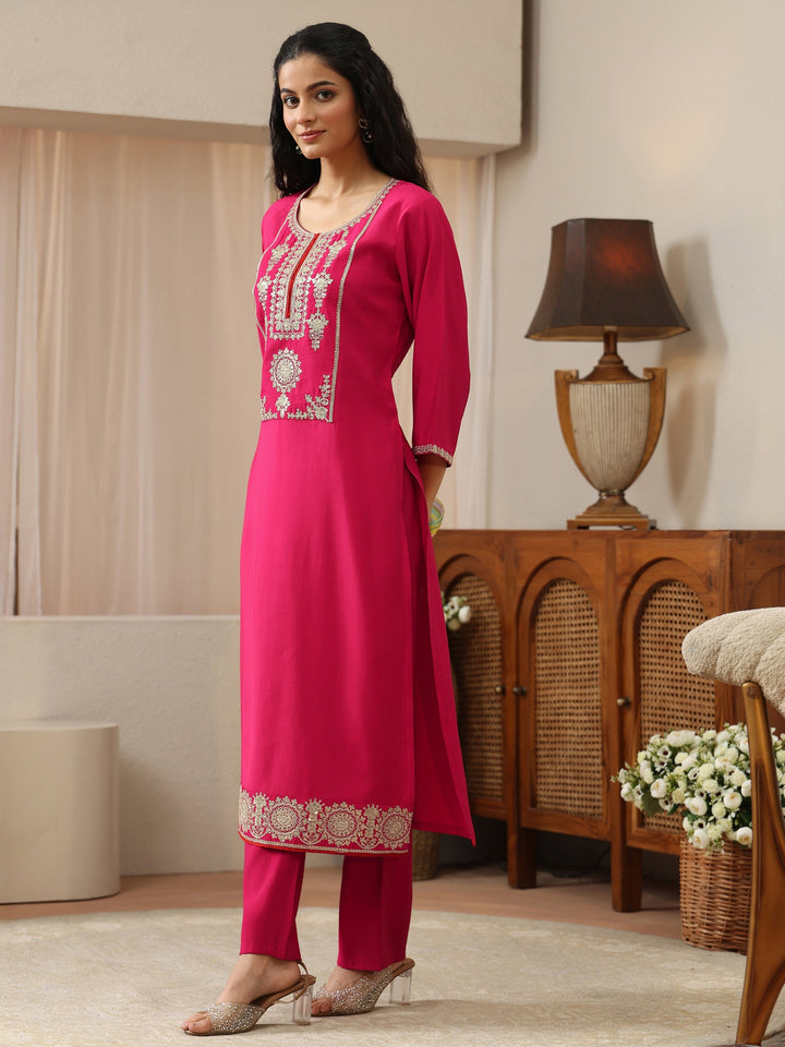 Fuchsia Pink Silk Blend Straight Kurta with Embellished Yoke