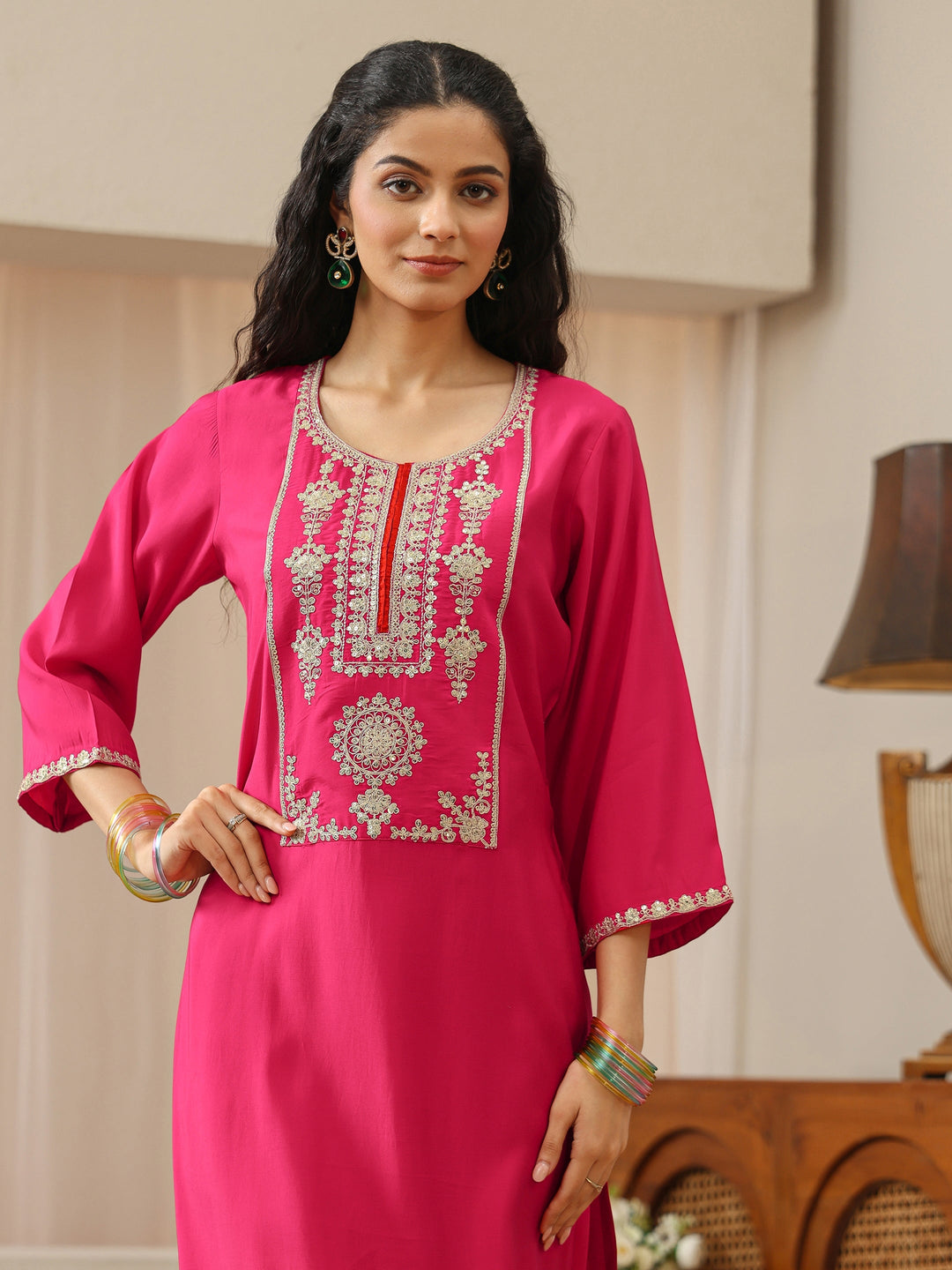 Fuchsia Pink Silk Blend Straight Kurta with Embellished Yoke