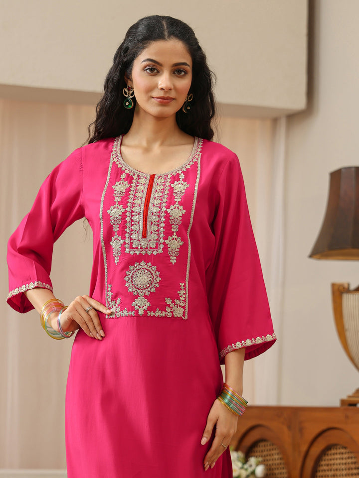 Fuchsia Pink Silk Blend Straight Kurta with Embellished Yoke