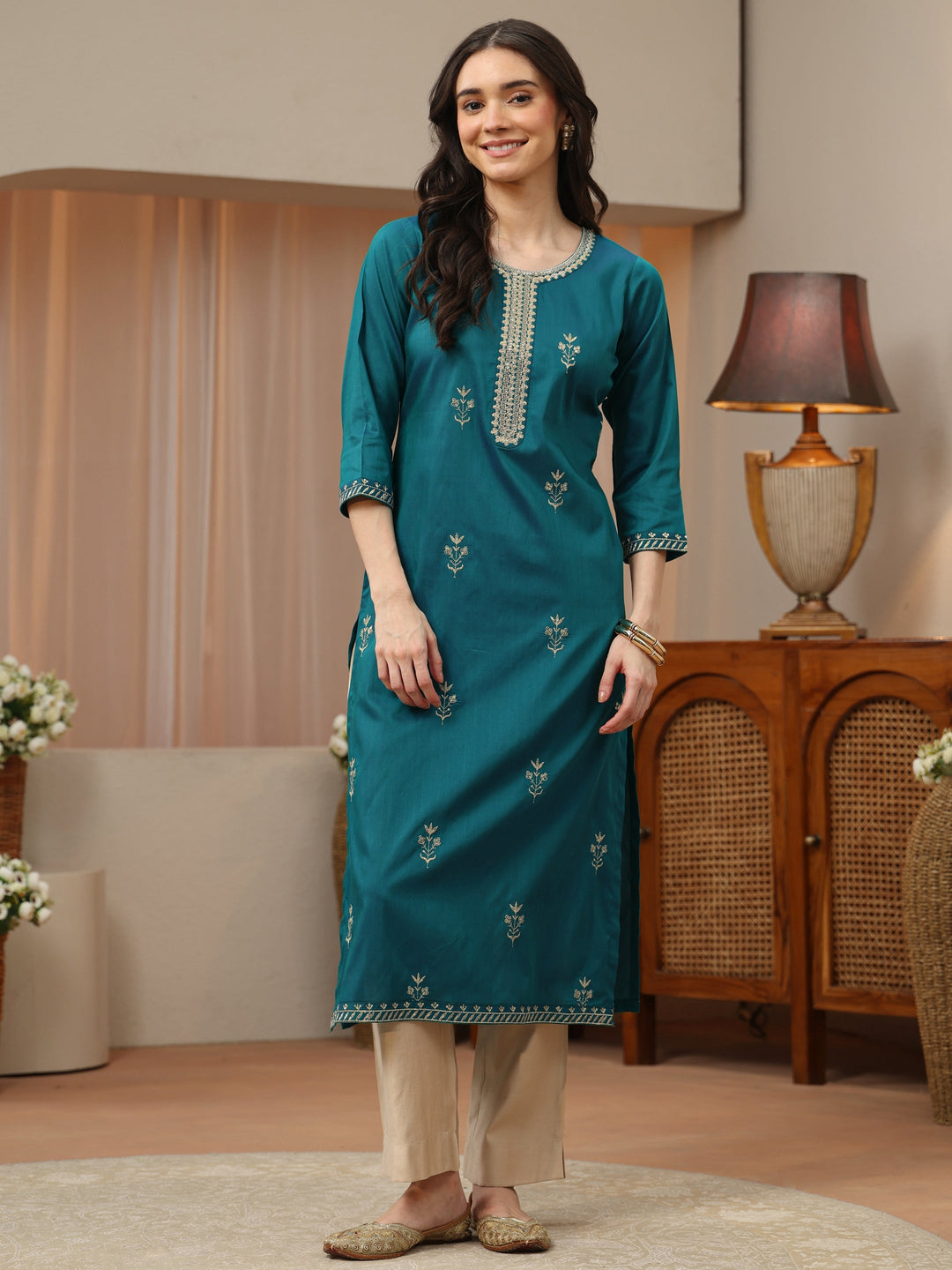 Aqua Blue Floral Embroidered Silk Blend Straight Kurta