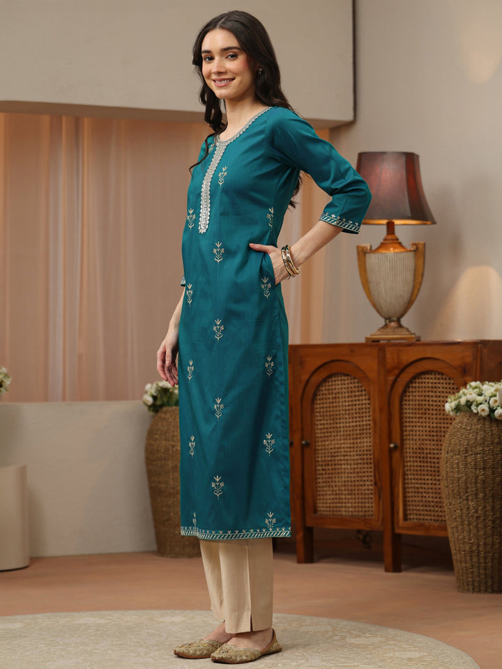 Aqua Blue Floral Embroidered Silk Blend Straight Kurta