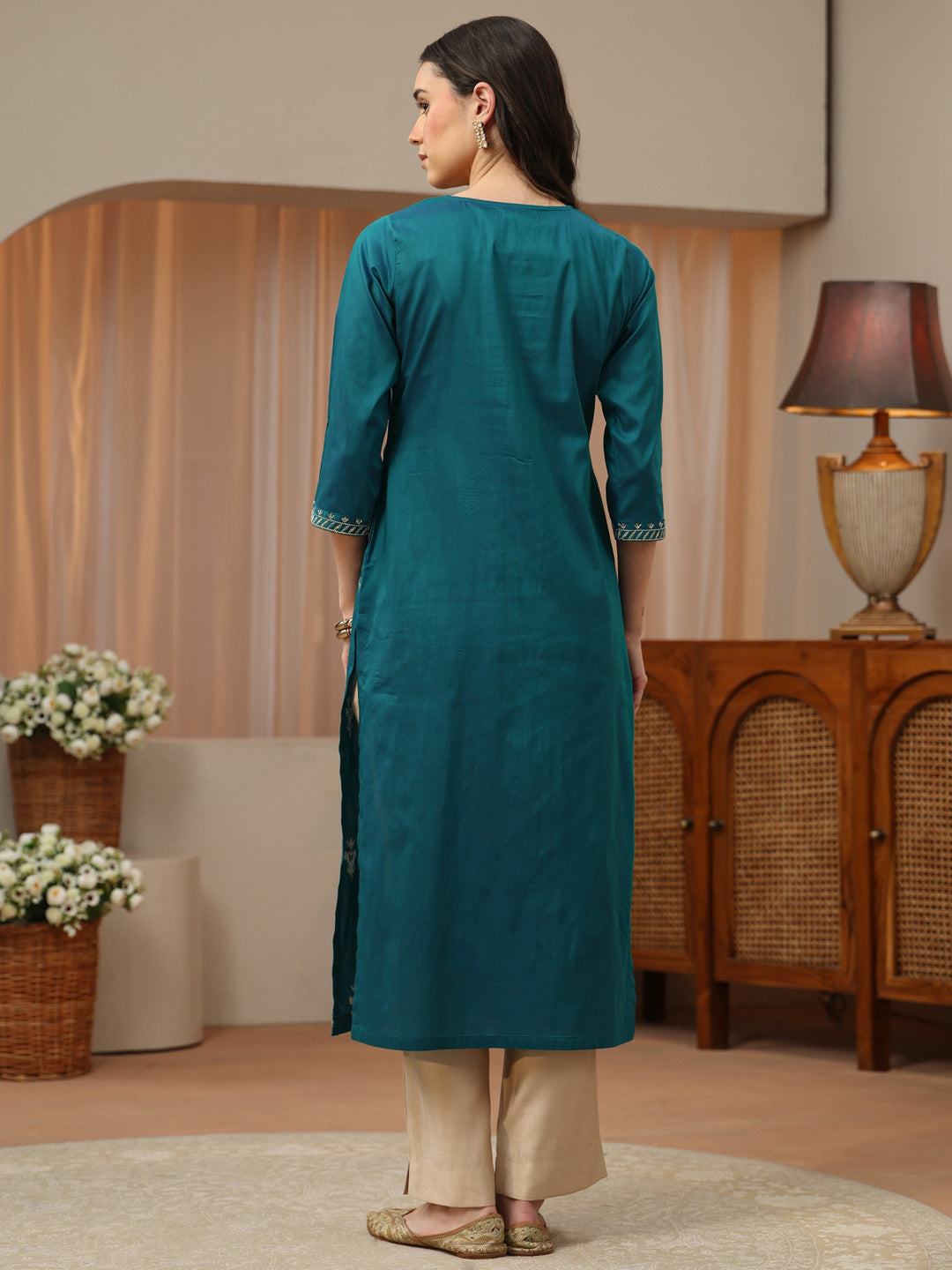Aqua Blue Floral Embroidered Silk Blend Straight Kurta