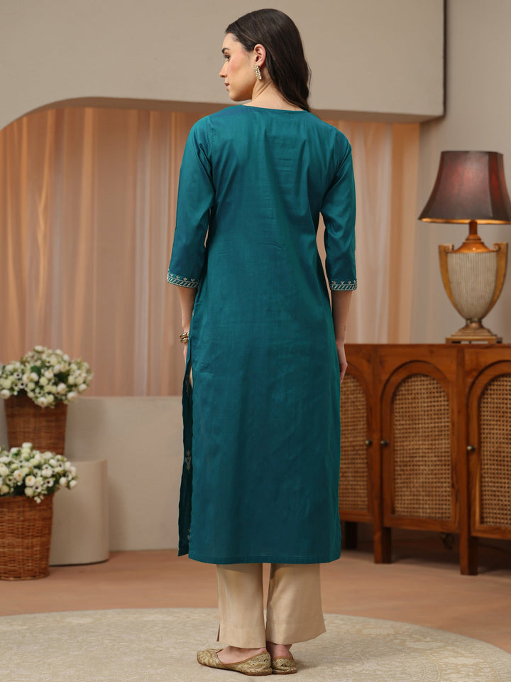 Aqua Blue Floral Embroidered Silk Blend Straight Kurta