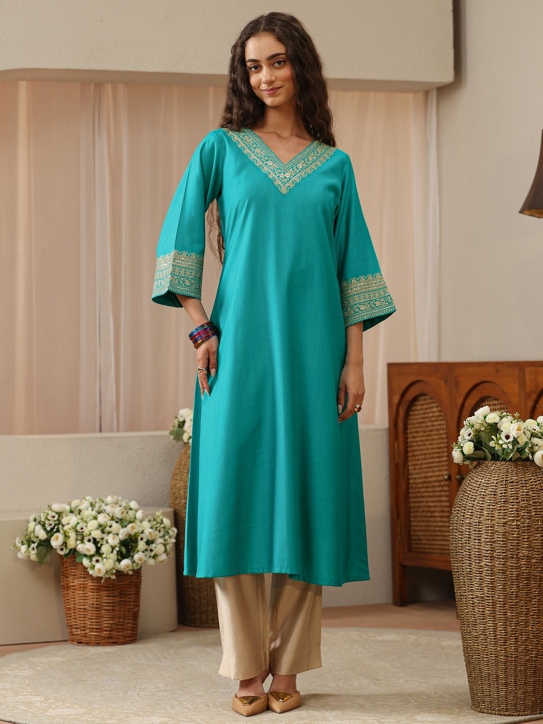 Turquoise Blue Floral Embroidered Silk Blend A-Line Kurta