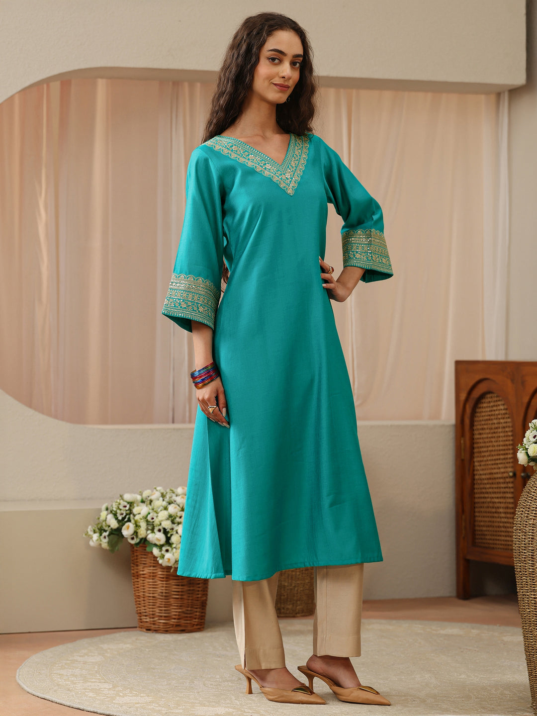 Turquoise Blue Floral Embroidered Silk Blend A-Line Kurta