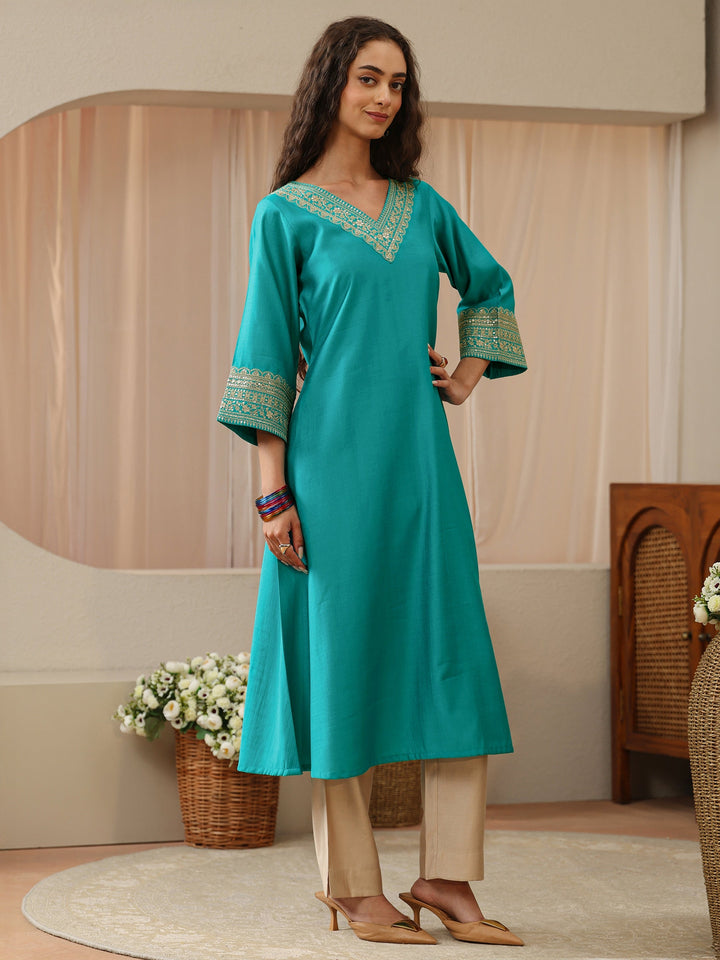 Turquoise Blue Floral Embroidered Silk Blend A-Line Kurta