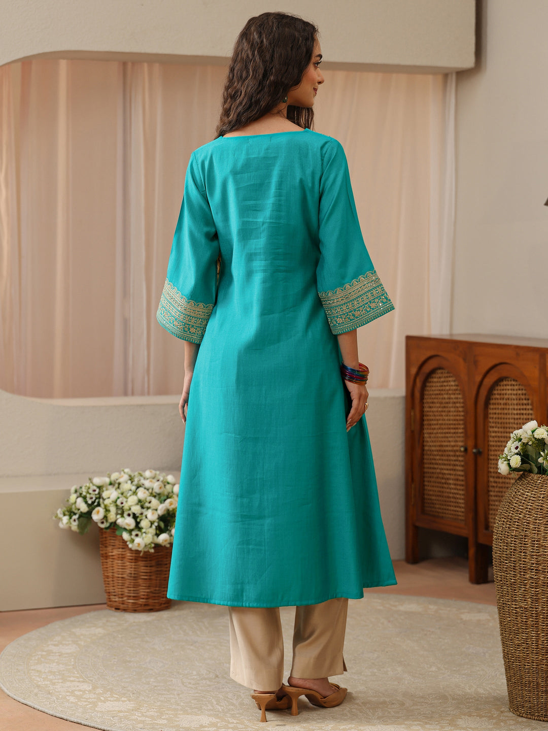 Turquoise Blue Floral Embroidered Silk Blend A-Line Kurta