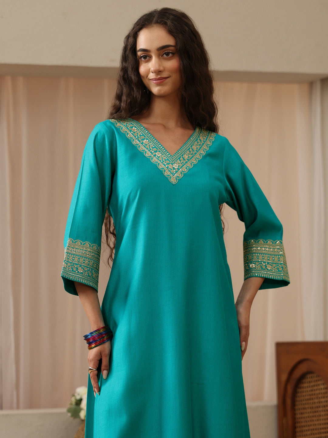 Turquoise Blue Floral Embroidered Silk Blend A-Line Kurta