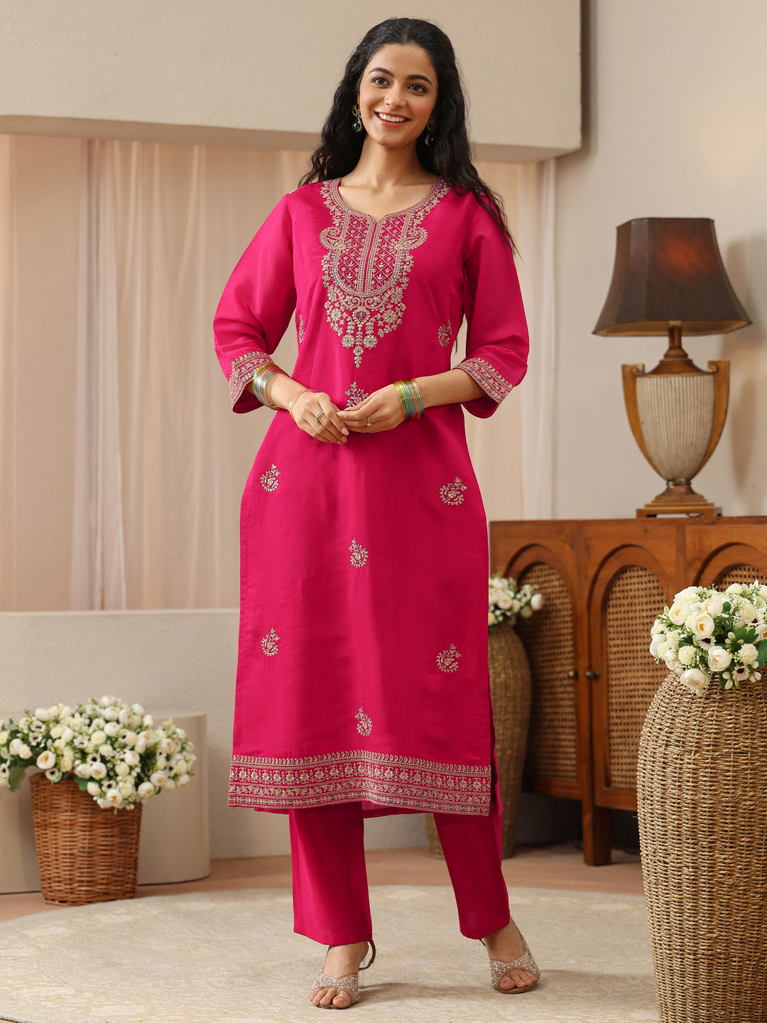Fuchsia Pink Floral Embroidered Silk Blend Straight Kurta