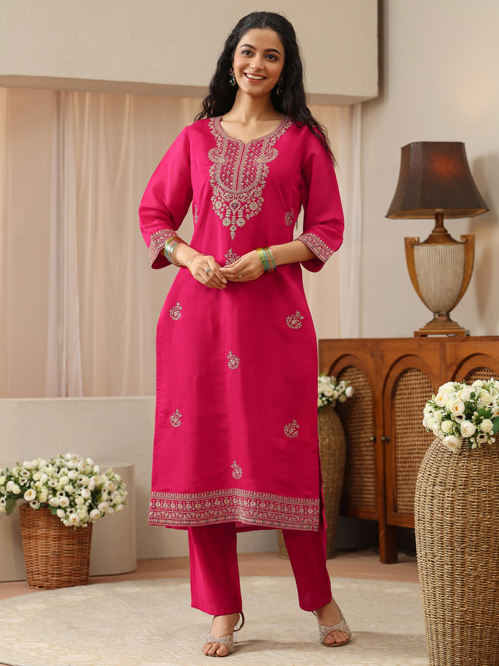 Fuchsia Pink Floral Embroidered Silk Blend Straight Kurta