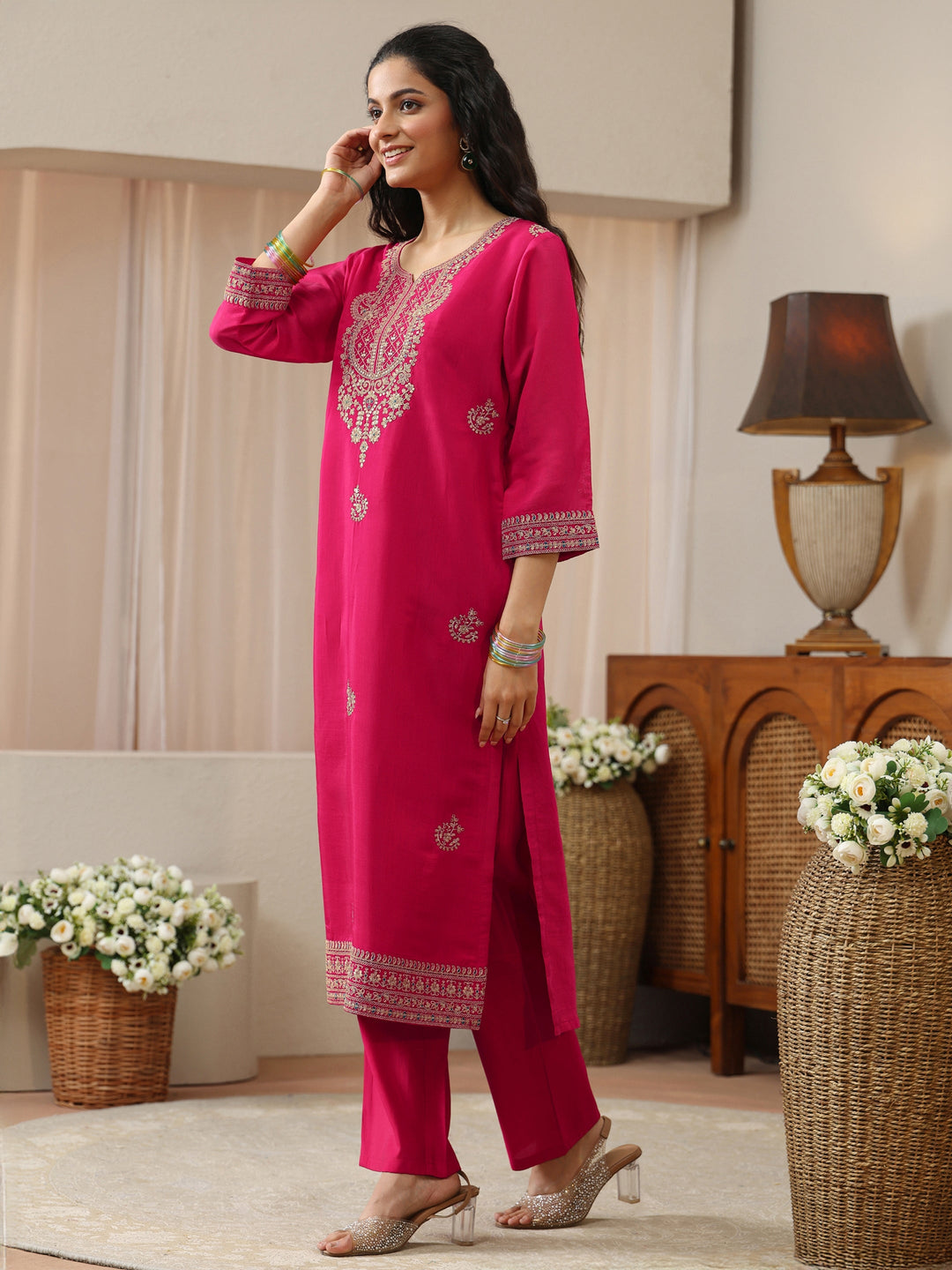 Fuchsia Pink Floral Embroidered Silk Blend Straight Kurta