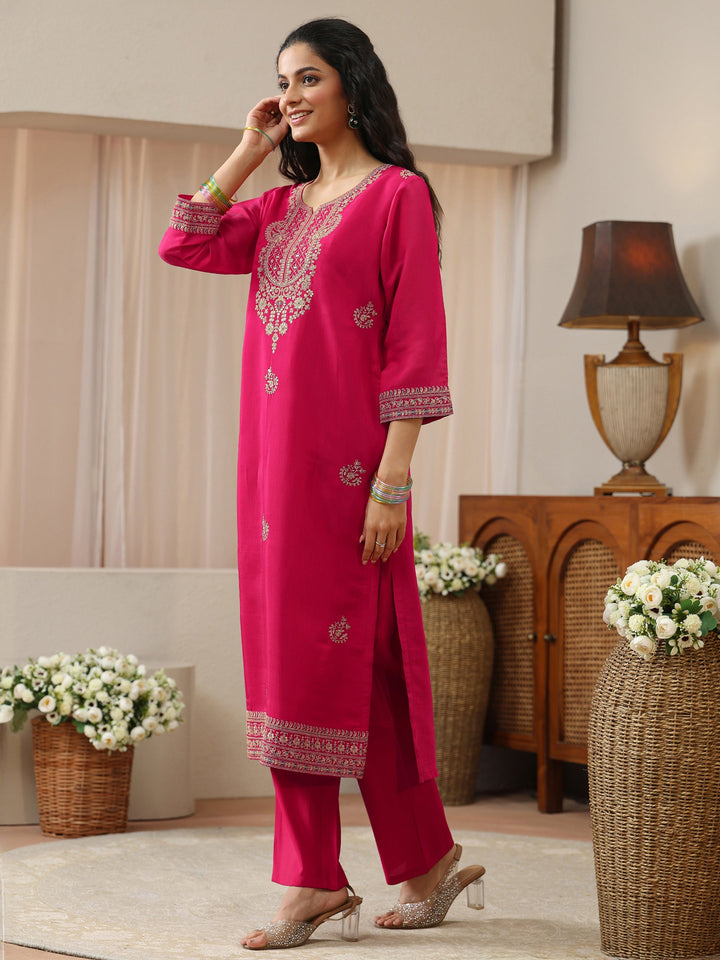 Fuchsia Pink Floral Embroidered Silk Blend Straight Kurta
