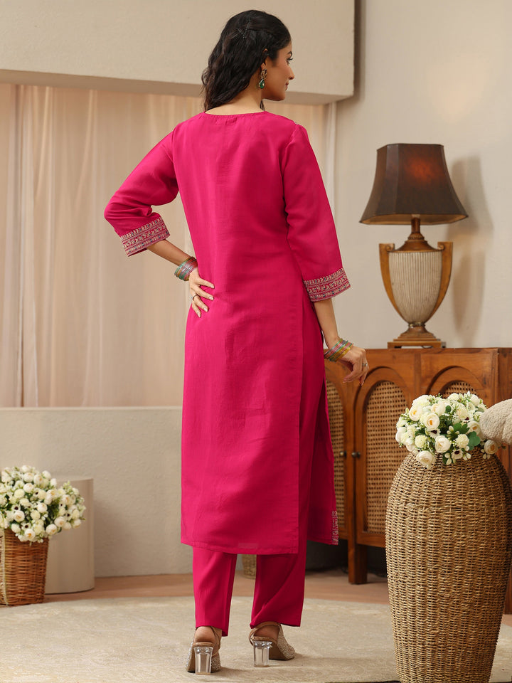 Fuchsia Pink Floral Embroidered Silk Blend Straight Kurta