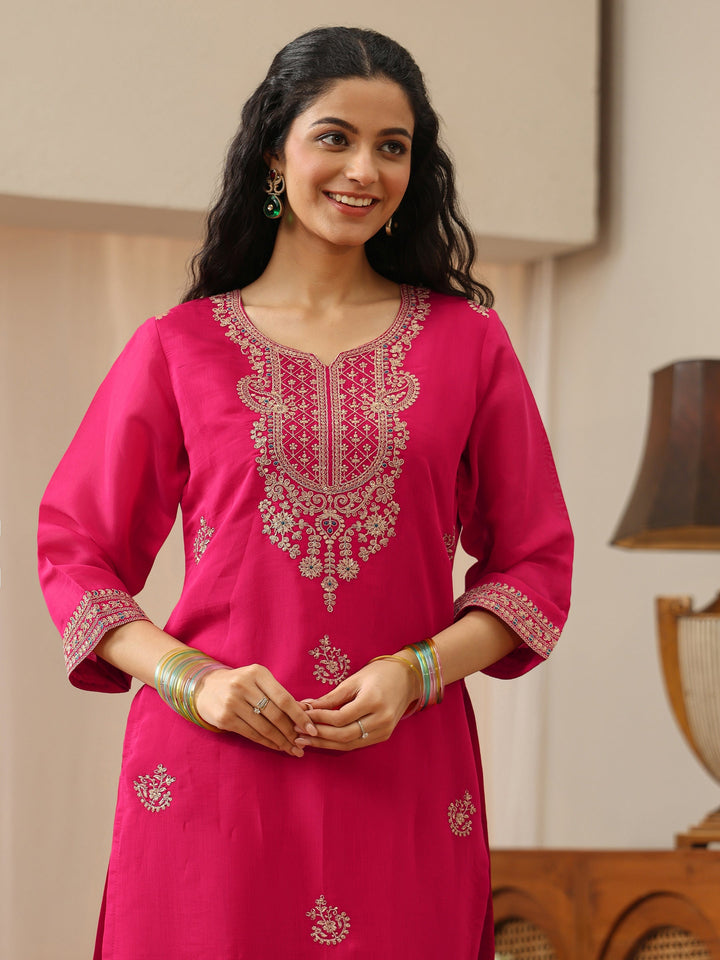 Fuchsia Pink Floral Embroidered Silk Blend Straight Kurta