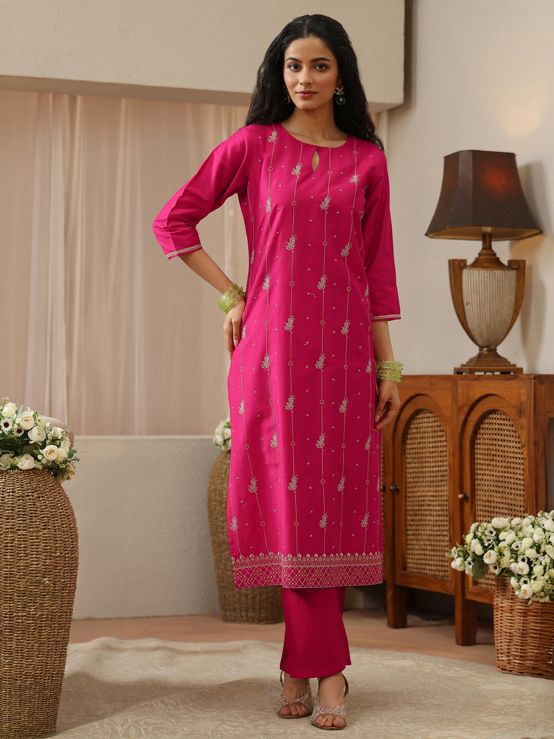 Fuchsia Pink Embroidered Silk Blend Straight Kurta