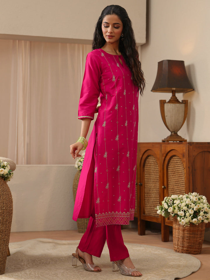 Fuchsia Pink Embroidered Silk Blend Straight Kurta