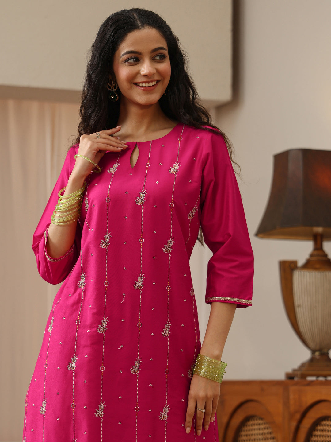 Fuchsia Pink Embroidered Silk Blend Straight Kurta