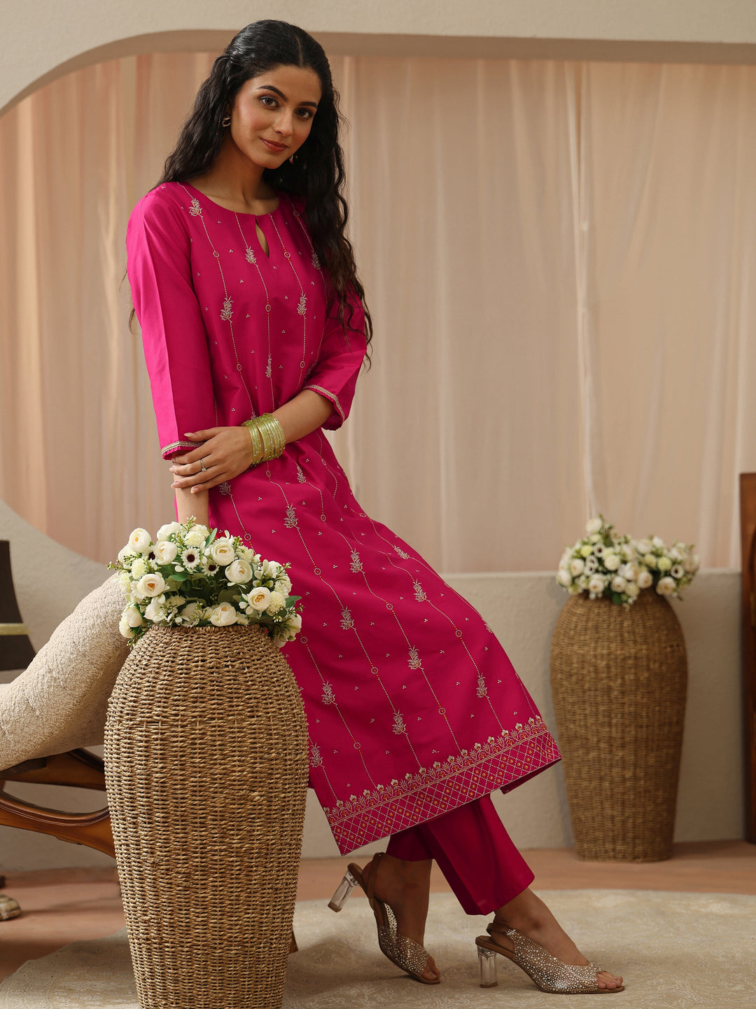 Fuchsia Pink Embroidered Silk Blend Straight Kurta