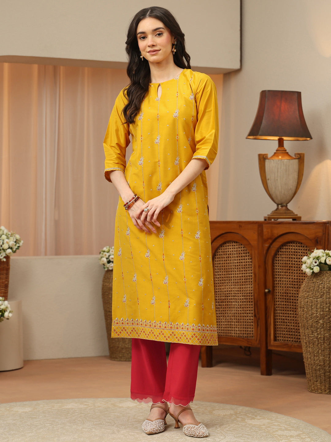 Sunglow Yellow Embroidered Silk Blend Straight Kurta