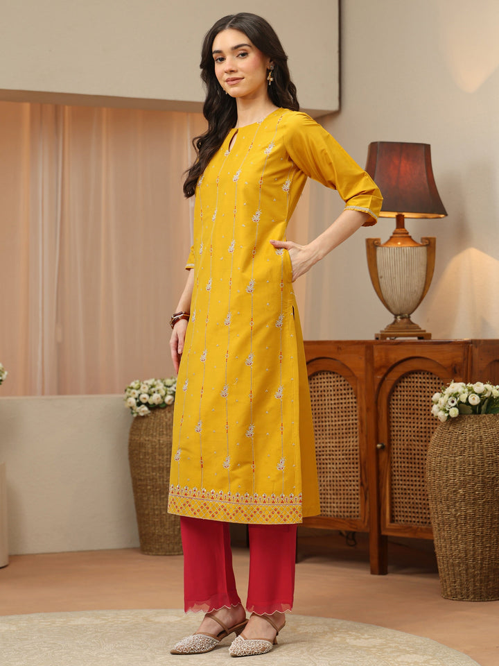 Sunglow Yellow Embroidered Silk Blend Straight Kurta