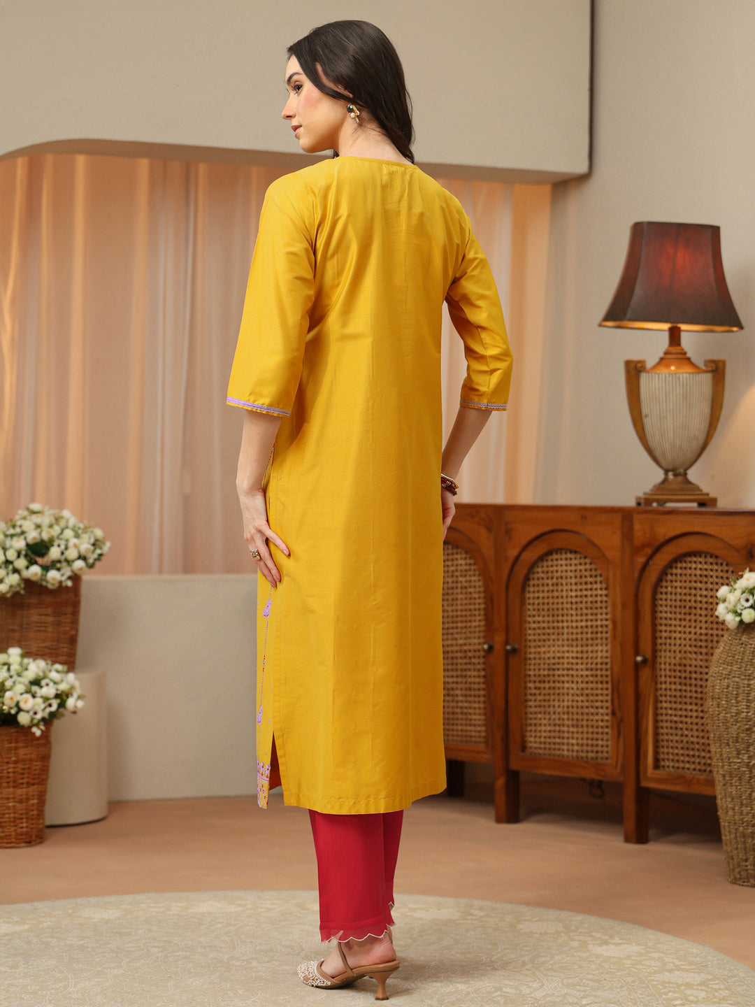 Sunglow Yellow Embroidered Silk Blend Straight Kurta