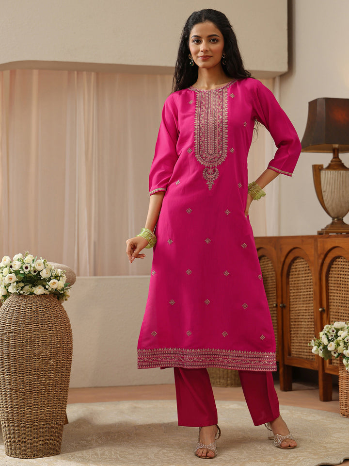 Fuchsia Pink Yoke Design Silk Blend Straight Kurta