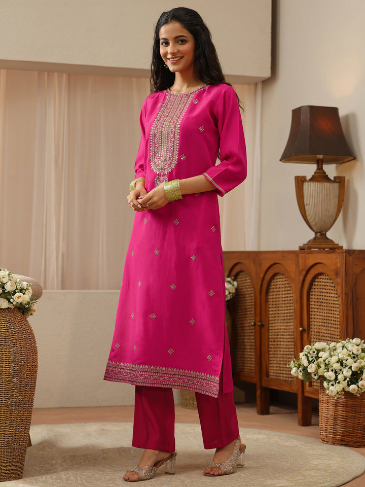 Fuchsia Pink Yoke Design Silk Blend Straight Kurta