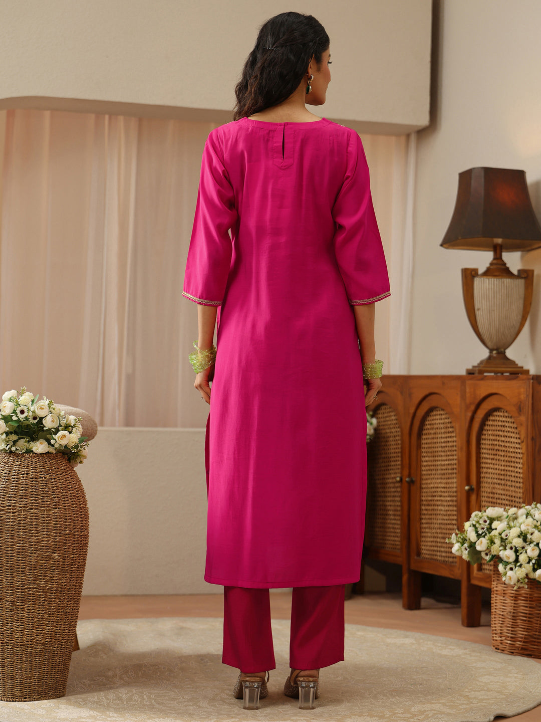Fuchsia Pink Yoke Design Silk Blend Straight Kurta
