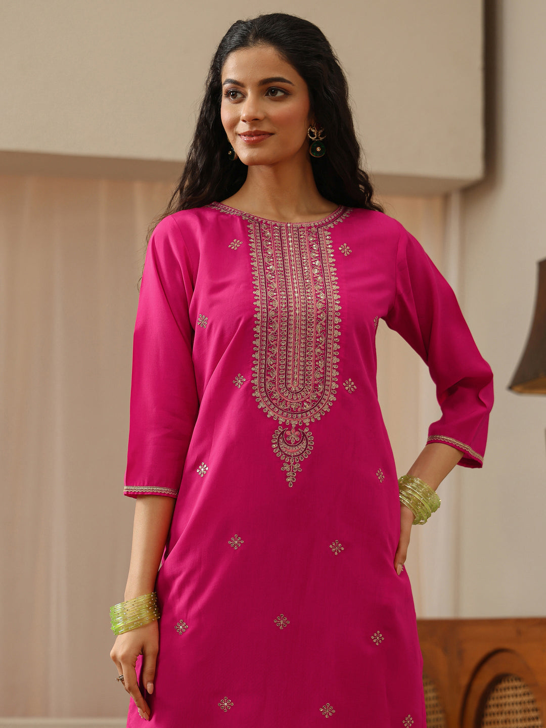 Fuchsia Pink Yoke Design Silk Blend Straight Kurta