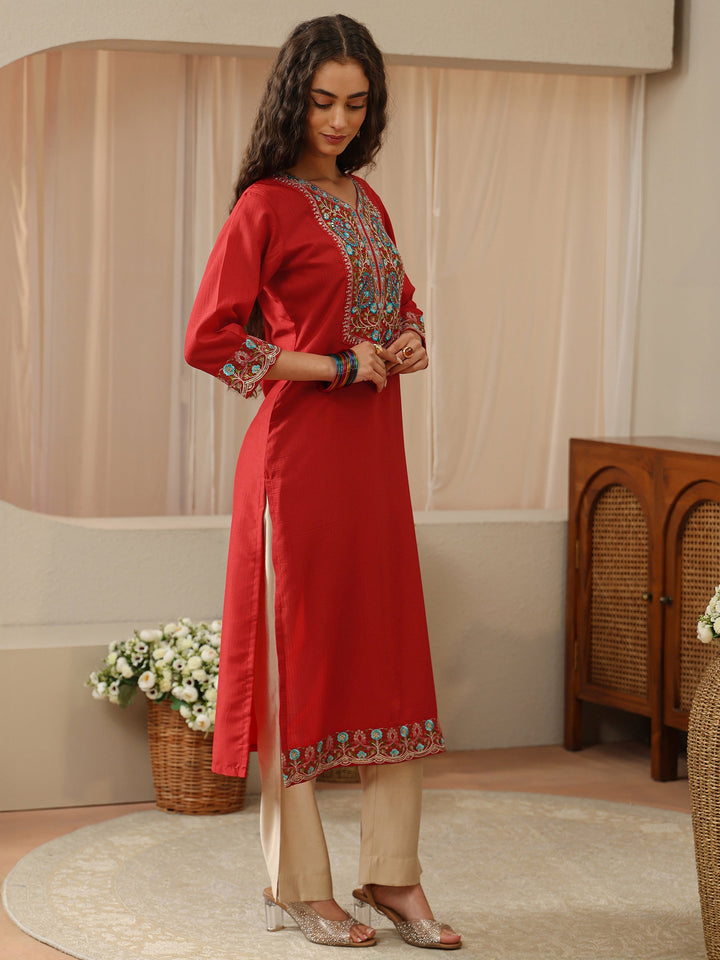 Red Floral Embroidered Silk Blend Straight Kurta