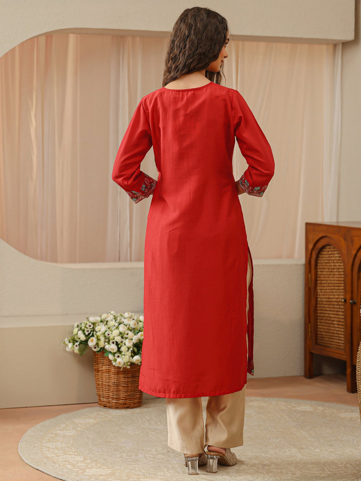 Red Floral Embroidered Silk Blend Straight Kurta