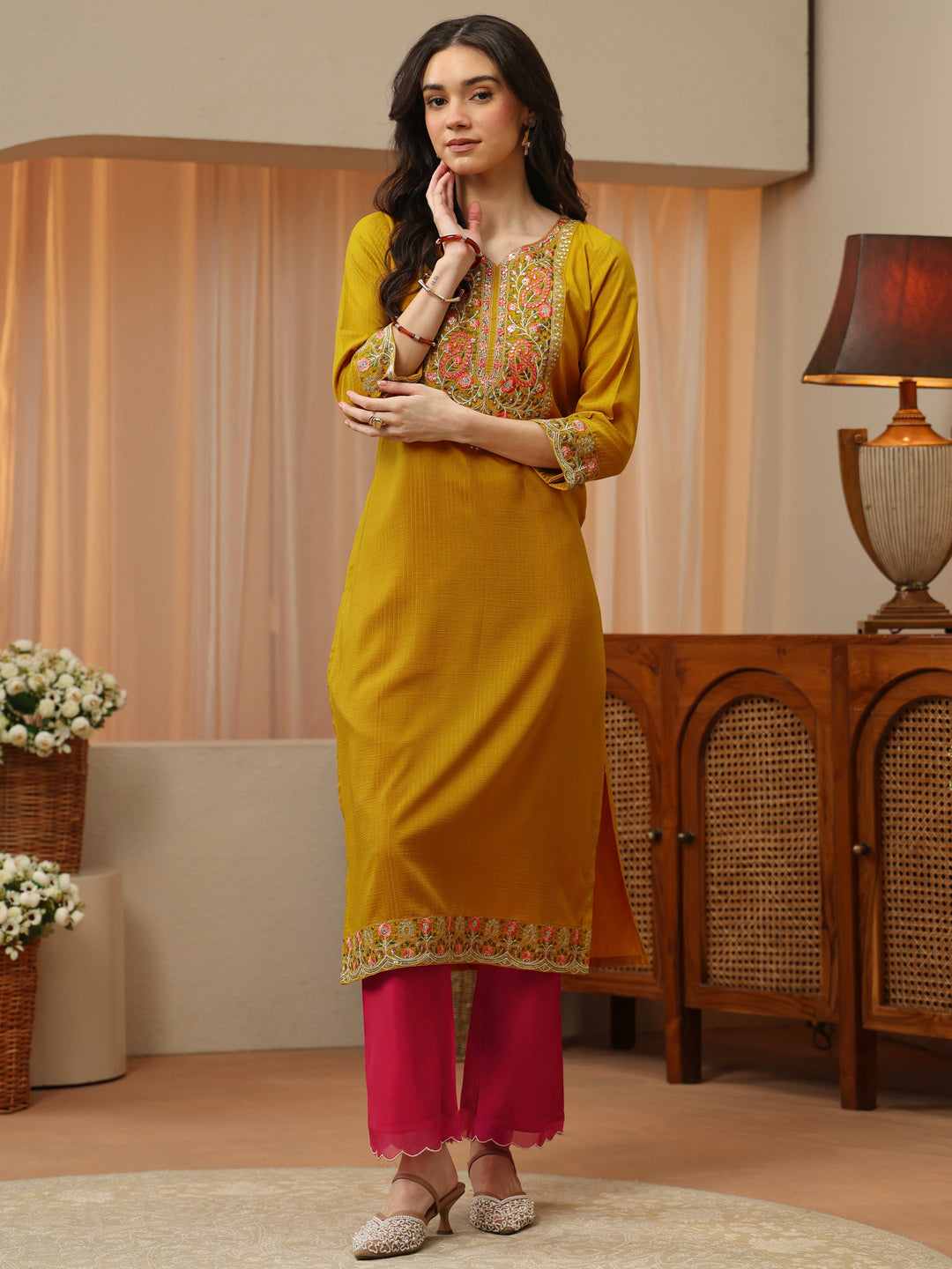 Mustard Floral Embroidered Silk Blend Straight Kurta