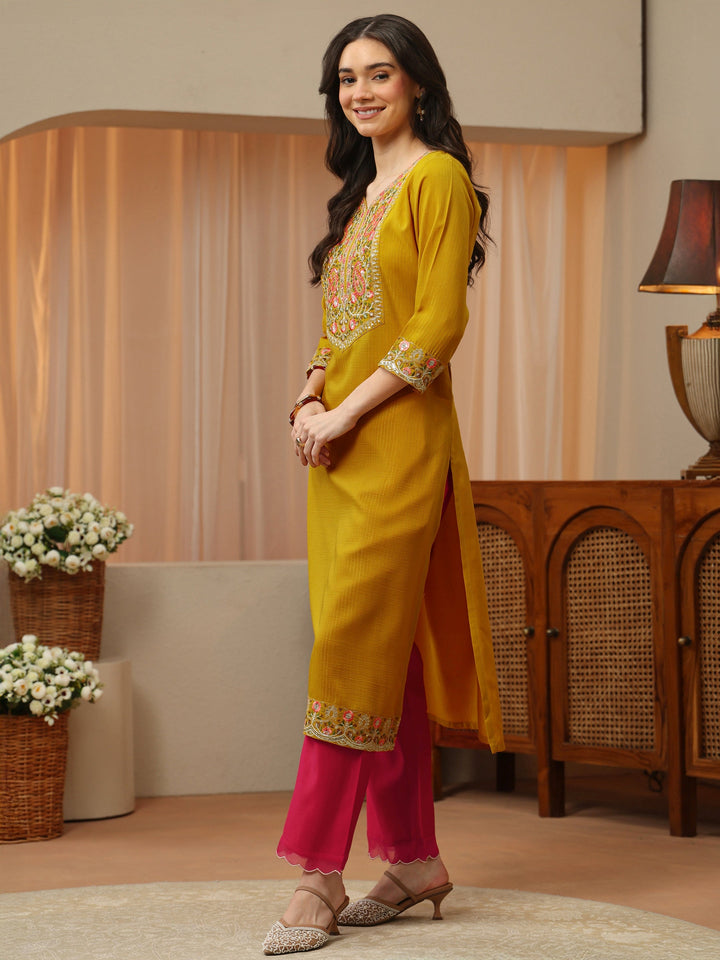 Mustard Floral Embroidered Silk Blend Straight Kurta
