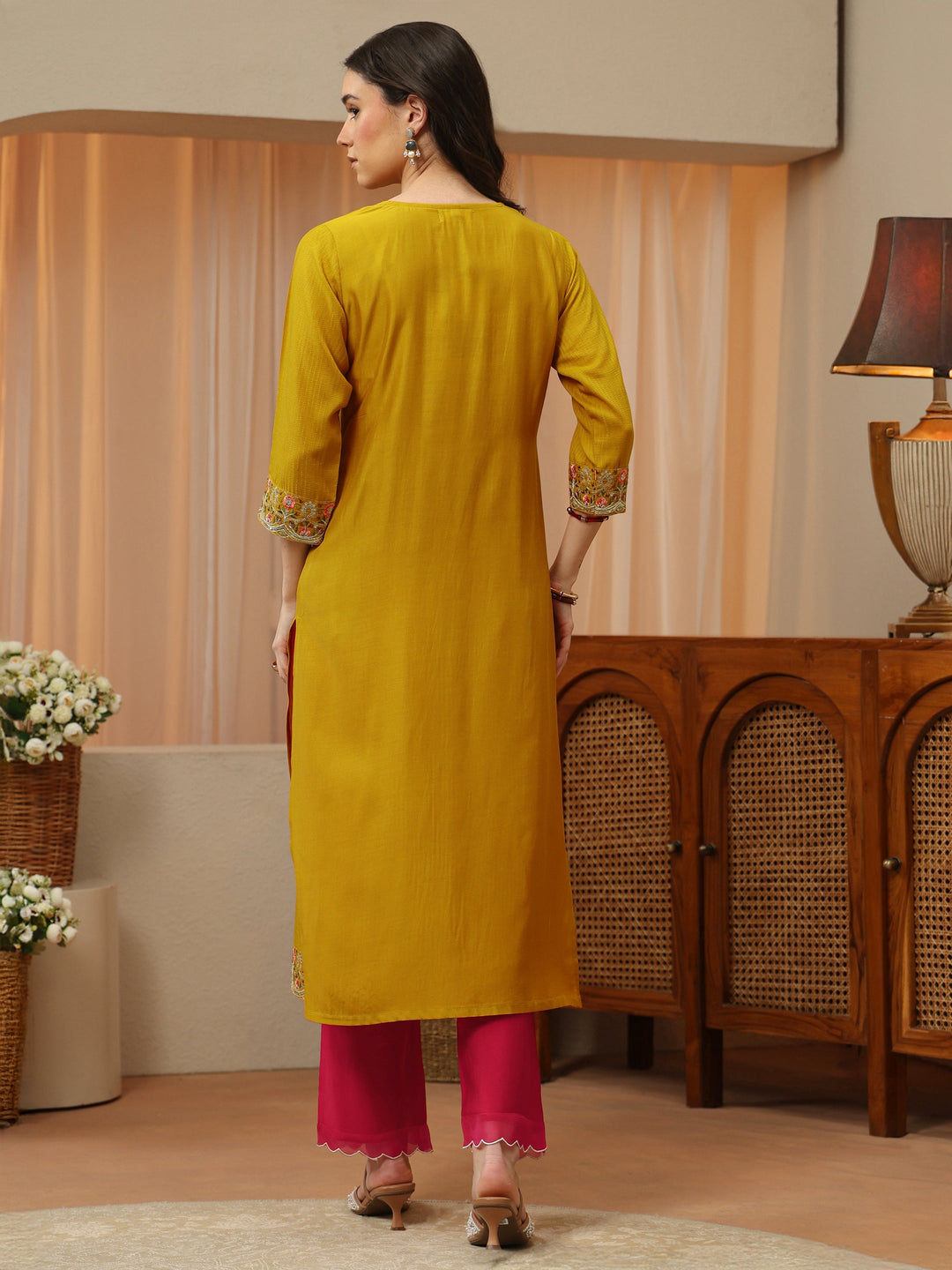 Mustard Floral Embroidered Silk Blend Straight Kurta